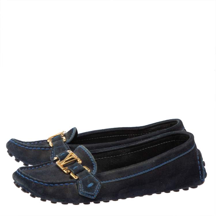 Pre Owned Louis Vuitton Blue Suede Logo Slip On Loafers Size 36.5