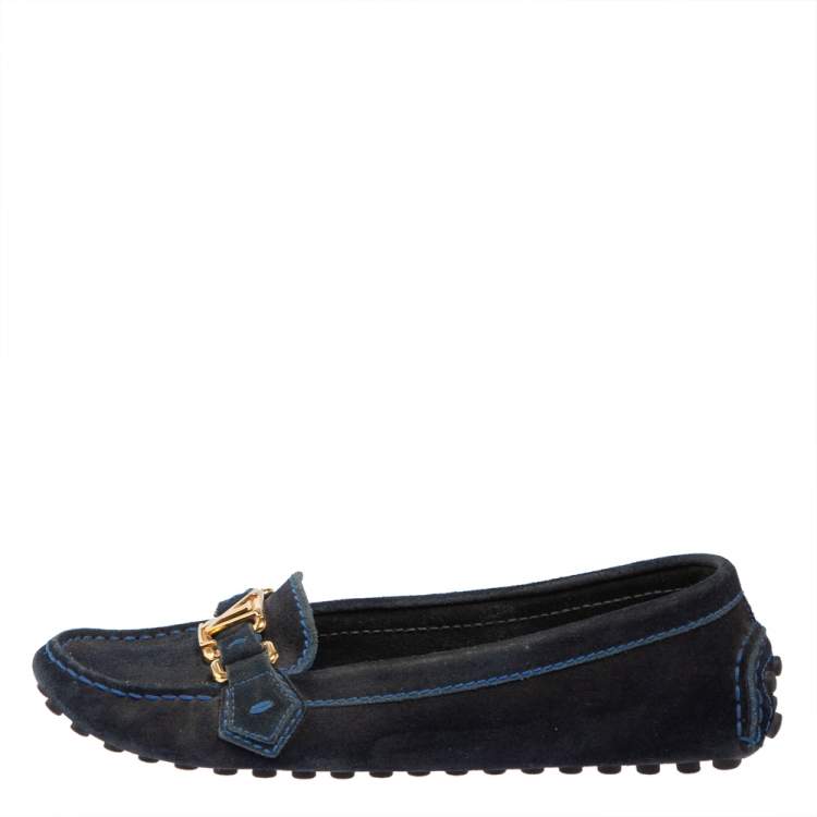 Pre Owned Louis Vuitton Blue Suede Logo Slip On Loafers Size 36.5