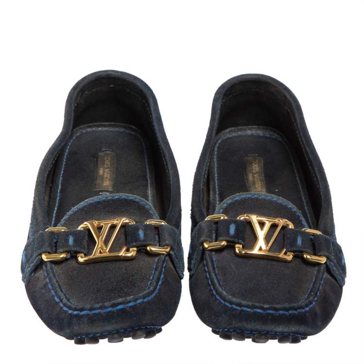 Pre Owned Louis Vuitton Blue Suede Logo Slip On Loafers Size 36.5