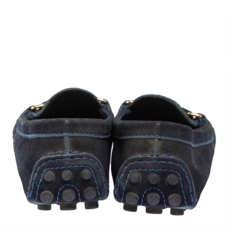 Pre Owned Louis Vuitton Blue Suede Logo Slip On Loafers Size 36.5