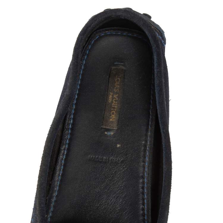 Pre Owned Louis Vuitton Blue Suede Logo Slip On Loafers Size 36.5