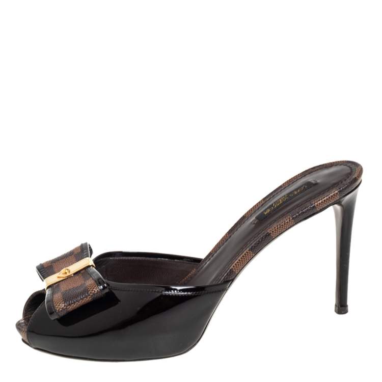 Louis Vuitton Brown Damier Canvas And Patent Leather Bow Peep Toe Platform  Slides Sandals Size 40 Louis Vuitton