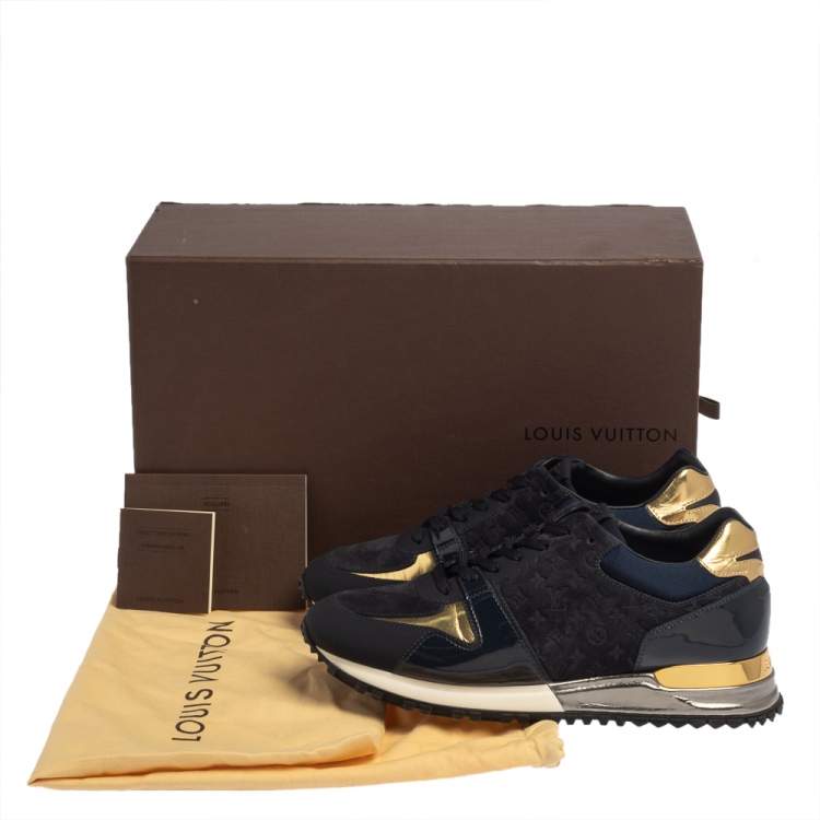 Pre Owned Louis Vuitton Dark Blue Suede, Patent And Fabric Run Away Low Top Sneakers Size 36