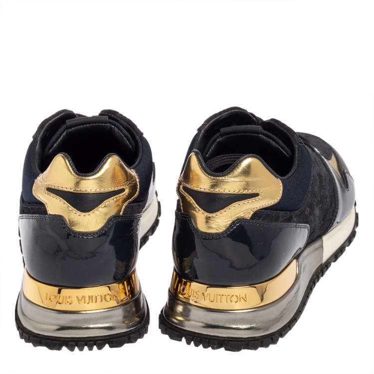 Pre Owned Louis Vuitton Dark Blue Suede, Patent And Fabric Run Away Low Top Sneakers Size 36