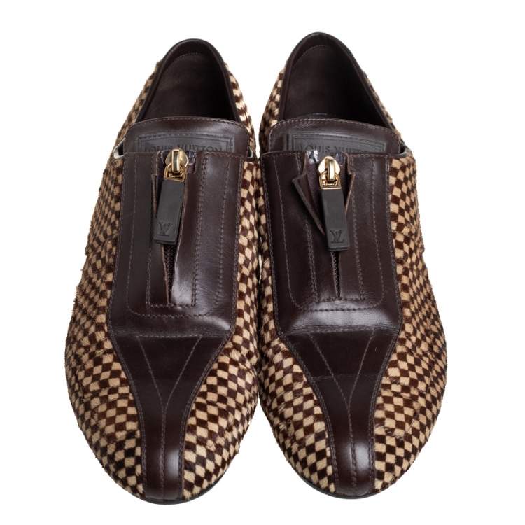 Pre Owned Louis Vuitton Brown Leather Pony Hair Slip On Sneaker Size 40.5