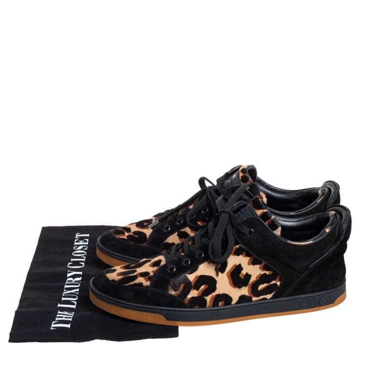 Pre Owned Louis Vuitton Black Suede And Leopard Print Calf Hair Low Top Sneakers Size 38.5
