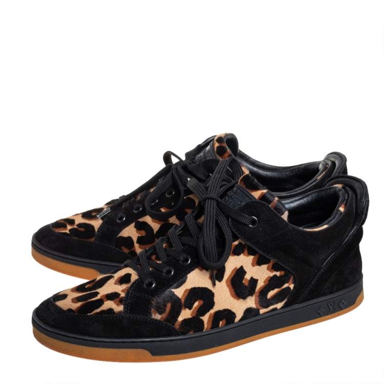 Pre Owned Louis Vuitton Black Suede And Leopard Print Calf Hair Low Top Sneakers Size 38.5