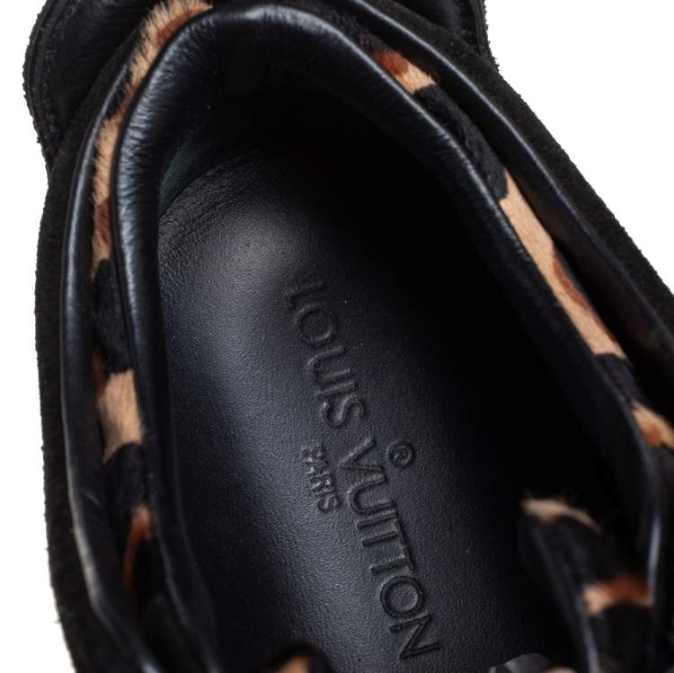 Pre Owned Louis Vuitton Black Suede And Leopard Print Calf Hair Low Top Sneakers Size 38.5