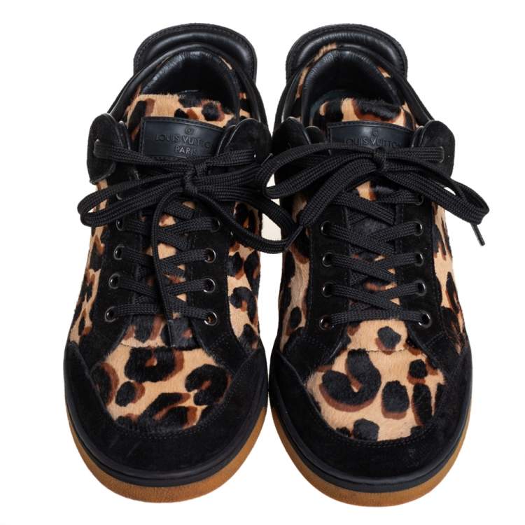Pre Owned Louis Vuitton Black Suede And Leopard Print Calf Hair Low Top Sneakers Size 38.5