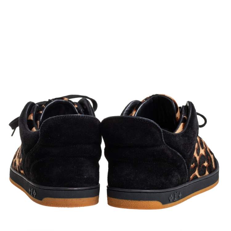 Pre Owned Louis Vuitton Black Suede And Leopard Print Calf Hair Low Top Sneakers Size 38.5
