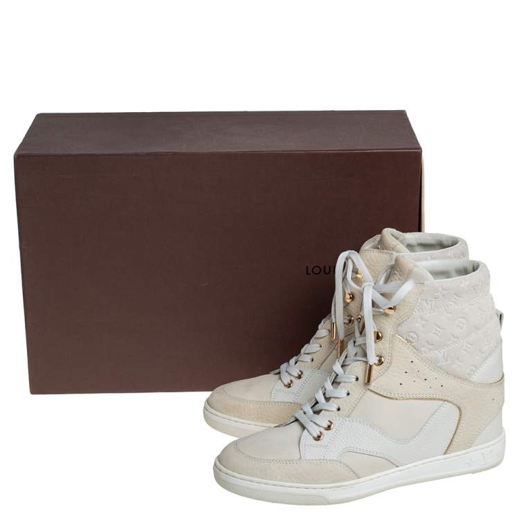 Pre Owned Louis Vuitton White Leather And Monogram Suede Millenium Wedge Sneakers Size 36.5