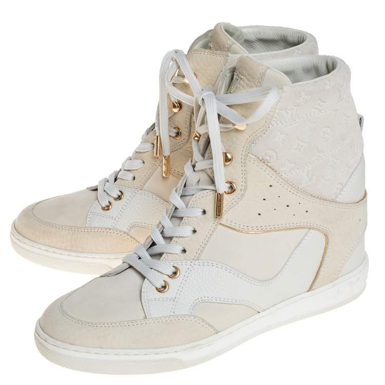 Pre Owned Louis Vuitton White Leather And Monogram Suede Millenium Wedge Sneakers Size 36.5