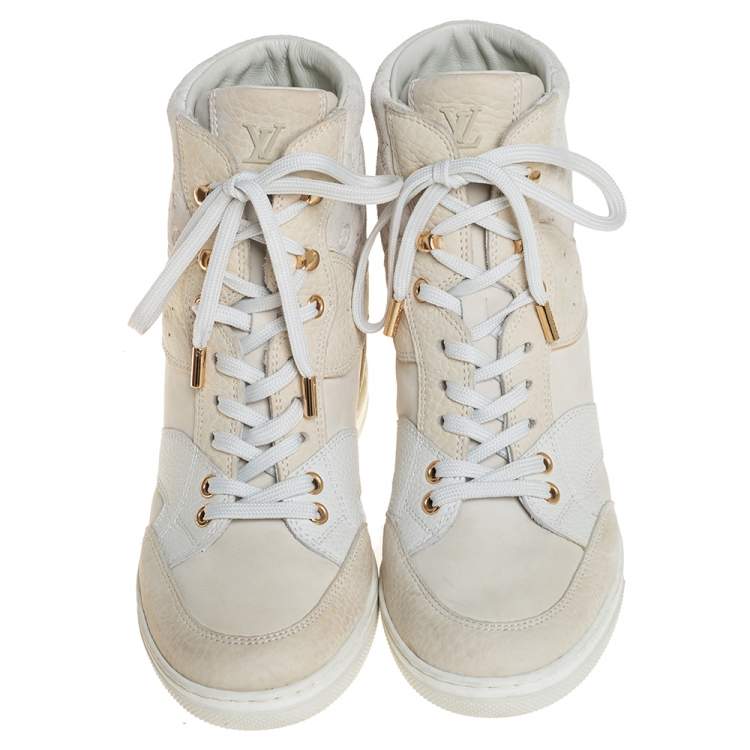 Pre Owned Louis Vuitton White Leather And Monogram Suede Millenium Wedge Sneakers Size 36.5