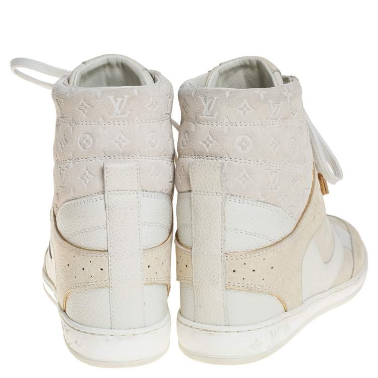 Pre Owned Louis Vuitton White Leather And Monogram Suede Millenium Wedge Sneakers Size 36.5