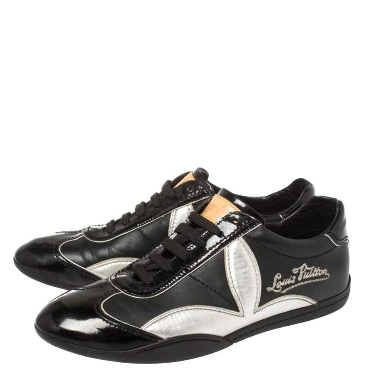 Pre Owned Louis Vuitton Black/Silver Patent Leather And Leather Low Top Lace Up Sneakers Size 39