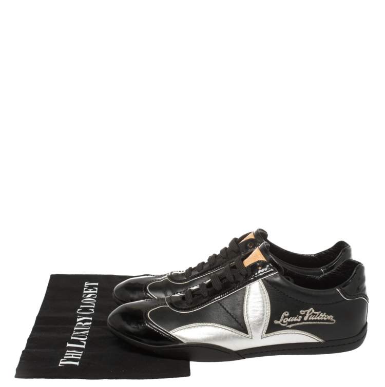 Pre Owned Louis Vuitton Black/Silver Patent Leather And Leather Low Top Lace Up Sneakers Size 39