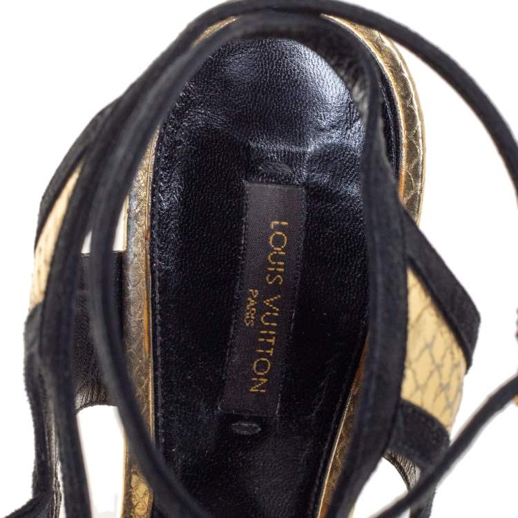 Pre Owned Louis Vuitton Gold and Black Python Embossed Leather And Suede Trim Cut Out Ankle Strap Sandals Size 39