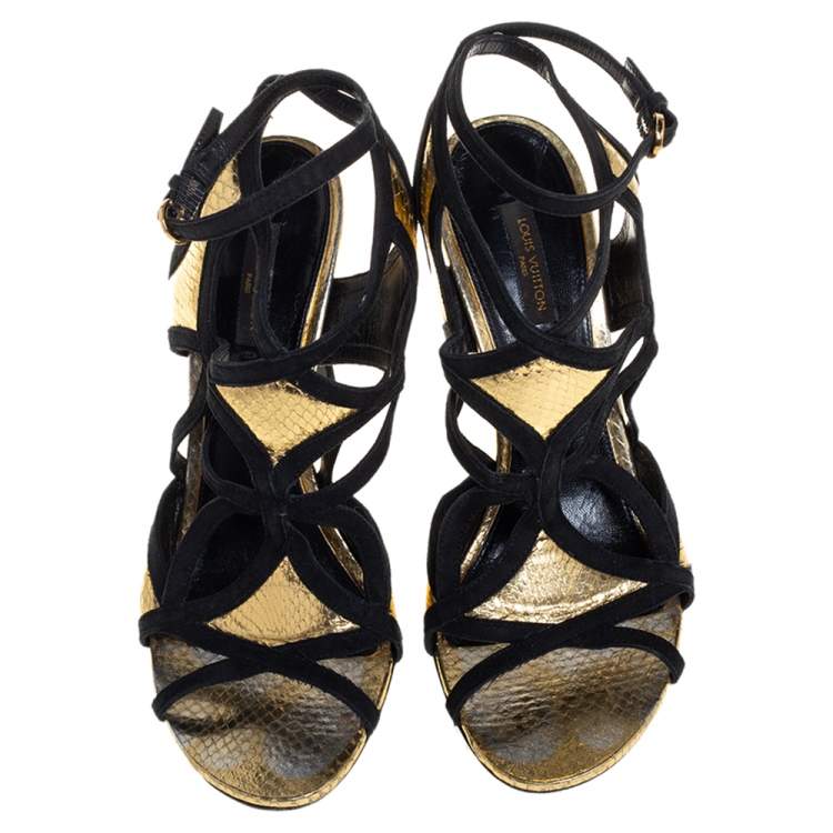 Pre Owned Louis Vuitton Gold and Black Python Embossed Leather And Suede Trim Cut Out Ankle Strap Sandals Size 39