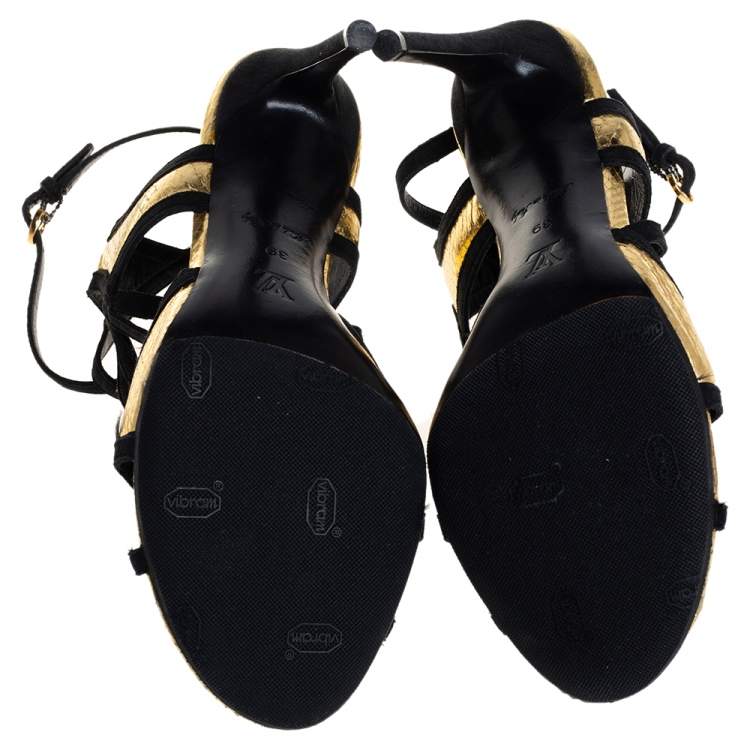 Pre Owned Louis Vuitton Gold and Black Python Embossed Leather And Suede Trim Cut Out Ankle Strap Sandals Size 39
