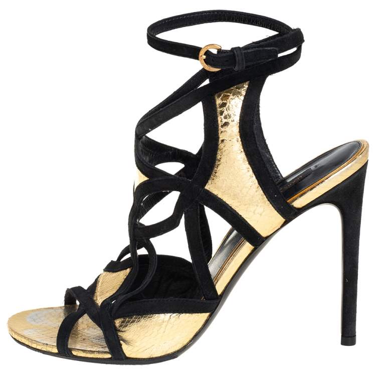 Louis Vuitton Gold and Black Python Embossed Leather And Suede Trim Cut Out  Ankle Strap Sandals Size 39 Louis Vuitton