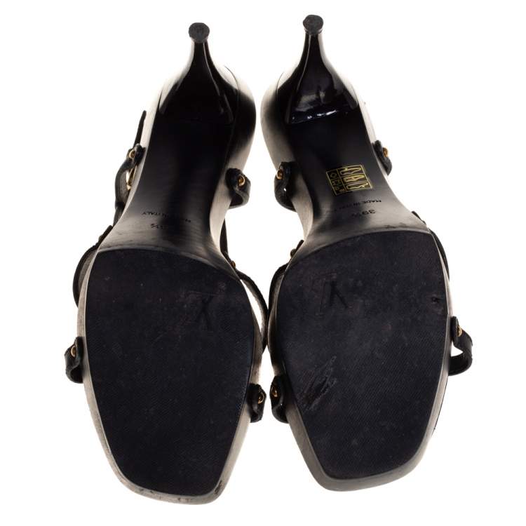 Pre Owned Louis Vuitton Black Leather And Monogram Denim Flower Detail Platform Slingback Sandals Size 39.5