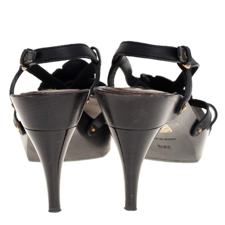 Pre Owned Louis Vuitton Black Leather And Monogram Denim Flower Detail Platform Slingback Sandals Size 39.5