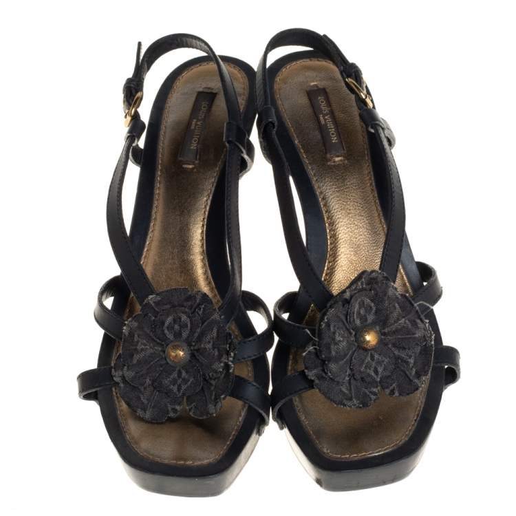 Pre Owned Louis Vuitton Black Leather And Monogram Denim Flower Detail Platform Slingback Sandals Size 39.5