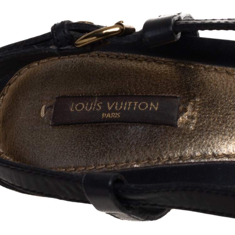 Pre Owned Louis Vuitton Black Leather And Monogram Denim Flower Detail Platform Slingback Sandals Size 39.5