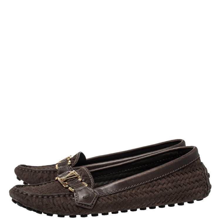 Pre Owned Louis Vuitton Brown Textured Suede Oxford Slip On Loafers Size 39