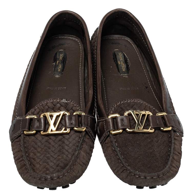 Pre Owned Louis Vuitton Brown Textured Suede Oxford Slip On Loafers Size 39