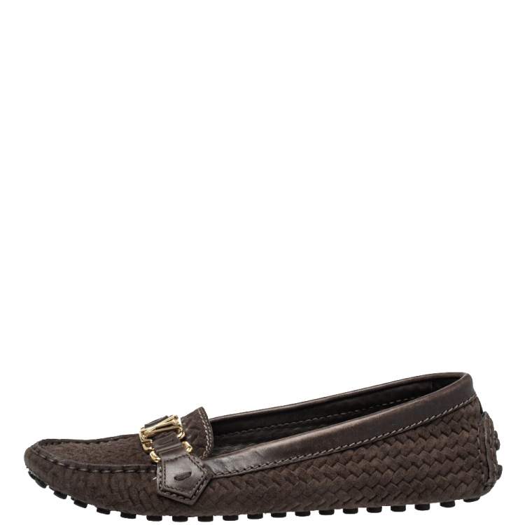 Pre Owned Louis Vuitton Brown Textured Suede Oxford Slip On Loafers Size 39