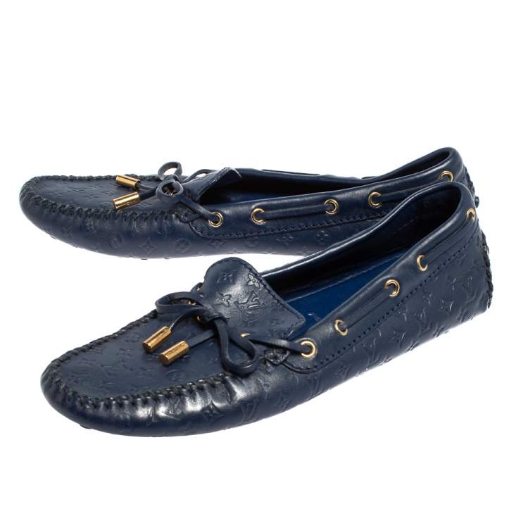 Pre Owned  Louis Vuitton Brue Monogram Empreinte Leather Gloria Slip On Loafers Size 38.5