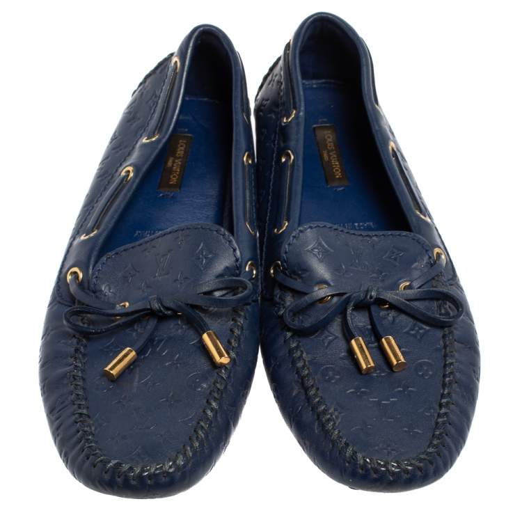 Pre Owned  Louis Vuitton Brue Monogram Empreinte Leather Gloria Slip On Loafers Size 38.5