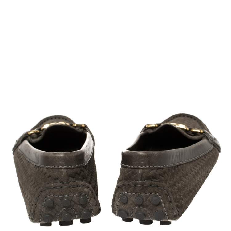 Pre Owned Louis Vuitton Grey Woven Suede Slip On Loafers Size 36.5