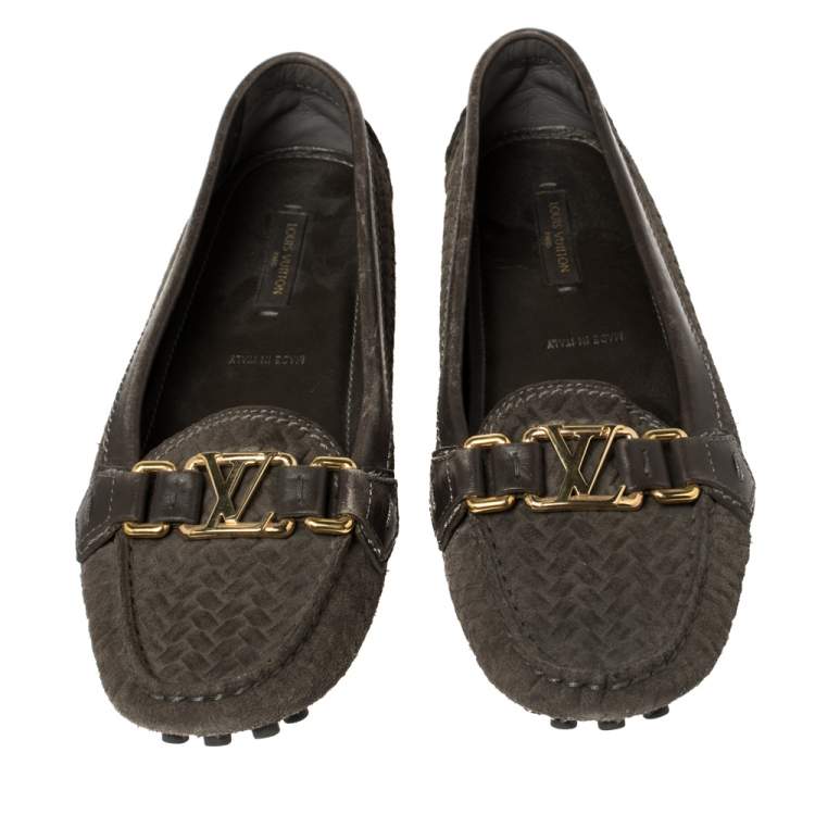 Pre Owned Louis Vuitton Grey Woven Suede Slip On Loafers Size 36.5