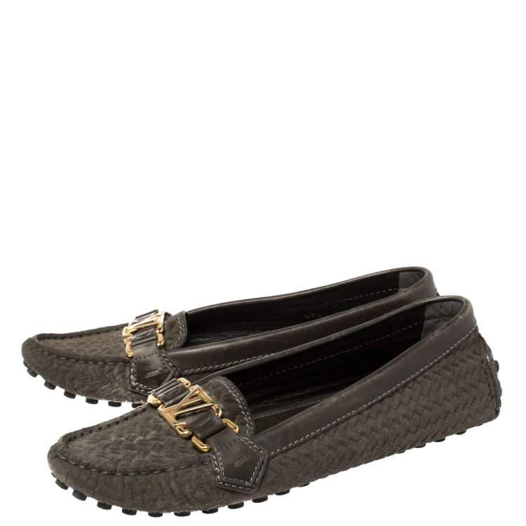 Pre Owned Louis Vuitton Grey Woven Suede Slip On Loafers Size 36.5