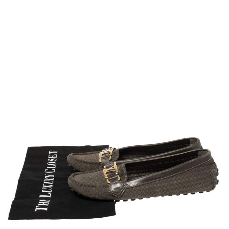 Pre Owned Louis Vuitton Grey Woven Suede Slip On Loafers Size 36.5