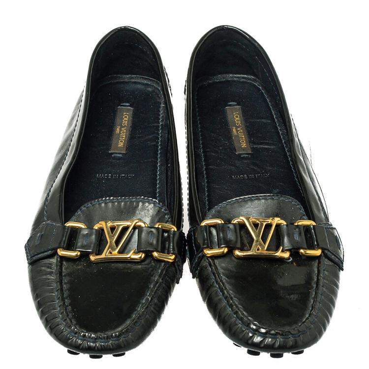 Pre Owned Louis Vuitton Dark Green Patent Leather Oxford Loafers Size 37