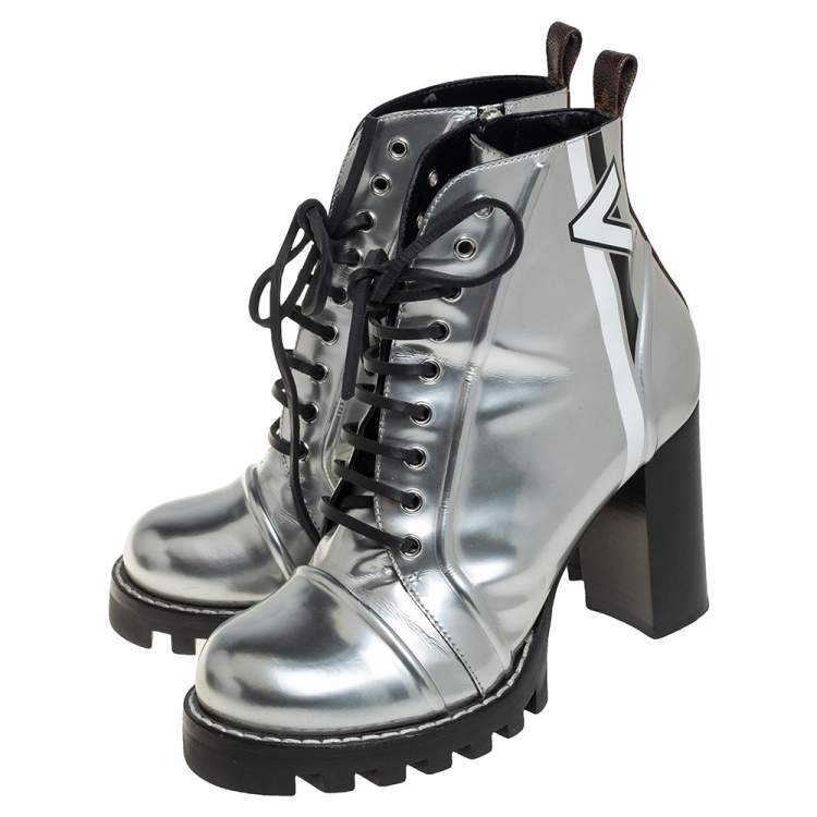 Pre Owned Louis Vuitton Silver Leather Spaceship Ankle Boots Size 40