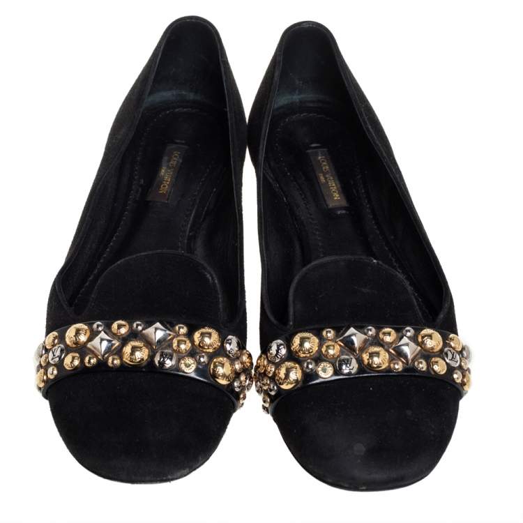 Pre Owned Louis Vuitton Black Suede Crystal Embellished Smoking Slipper Size 39