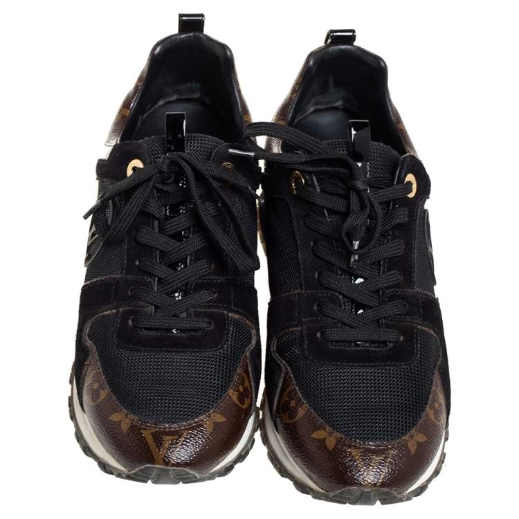 Pre Owned Louis Vuitton Black/Brown Leather And Monogram Canvas Run Away Sneakers Size 40