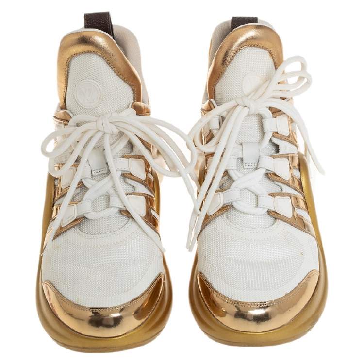 Pre Owned Louis Vuitton White/Gold Leather and Mesh LV Archlight Sneakers Size 38.5