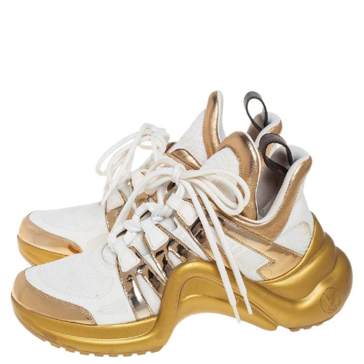 Pre Owned Louis Vuitton White/Gold Leather and Mesh LV Archlight Sneakers Size 38.5