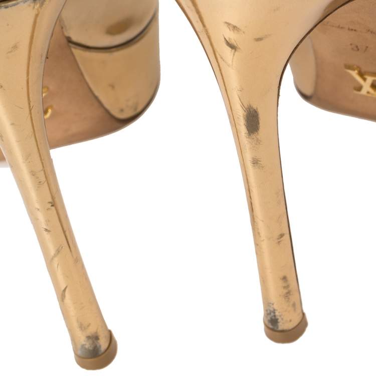 Pre Owned Louis Vuitton Metallic Gold Leather Peep Toe Platform Pumps Size 37