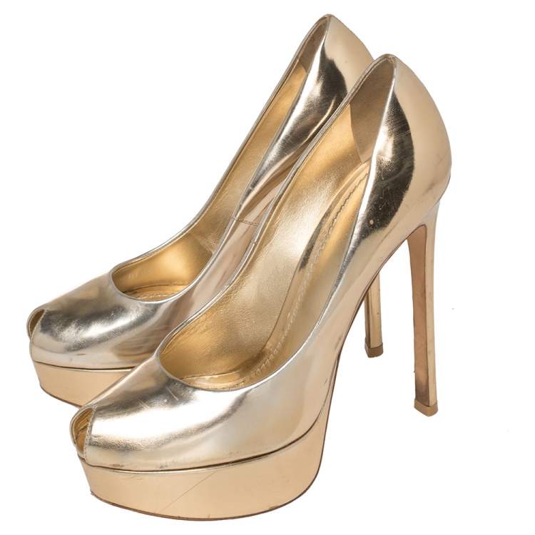 Pre Owned Louis Vuitton Metallic Gold Leather Peep Toe Platform Pumps Size 37