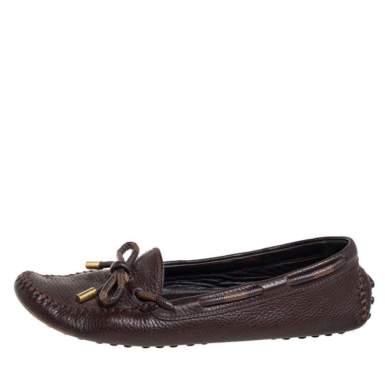 Pre Owned Louis Vuitton Brown Leather and Canvas Slip On Loafers Sze 38.5 