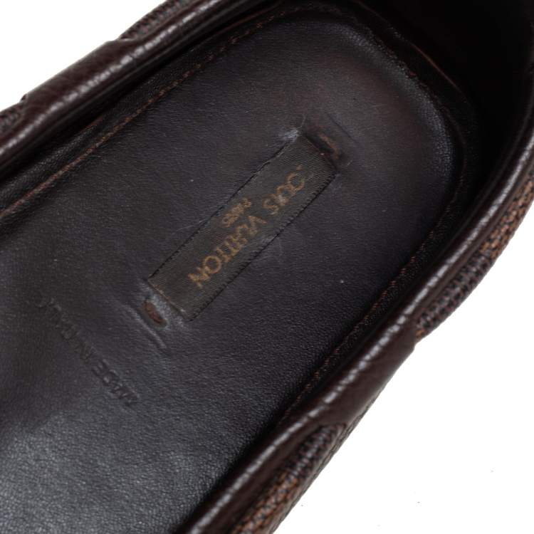 Pre Owned Louis Vuitton Brown Leather and Canvas Slip On Loafers Sze 38.5 