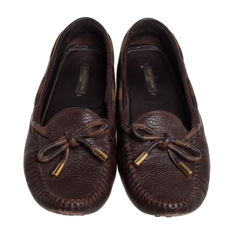 Pre Owned Louis Vuitton Brown Leather and Canvas Slip On Loafers Sze 38.5 