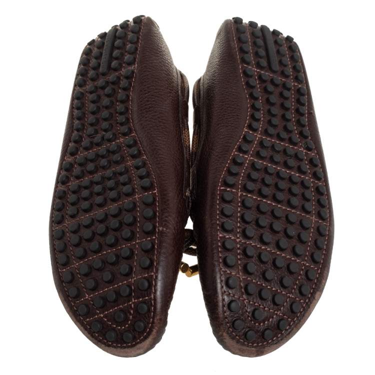 Pre Owned Louis Vuitton Brown Leather and Canvas Slip On Loafers Sze 38.5 
