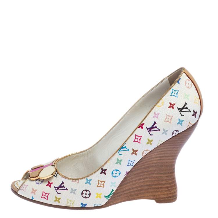 Pre Owned Louis Vuitton Multicolore Monogram Canvas Primrose Wedge Pumps Size 38.5